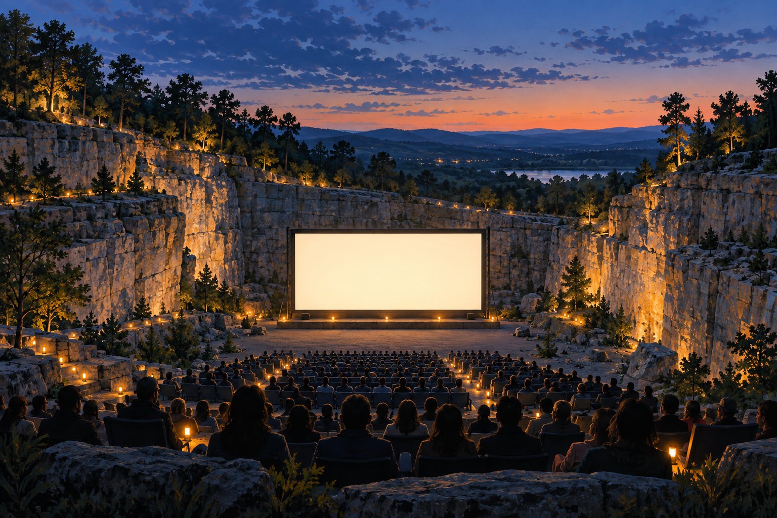 Concept illustration of an audience watching a blank outdoor movie screen beneath limestone cliffs at dusk.