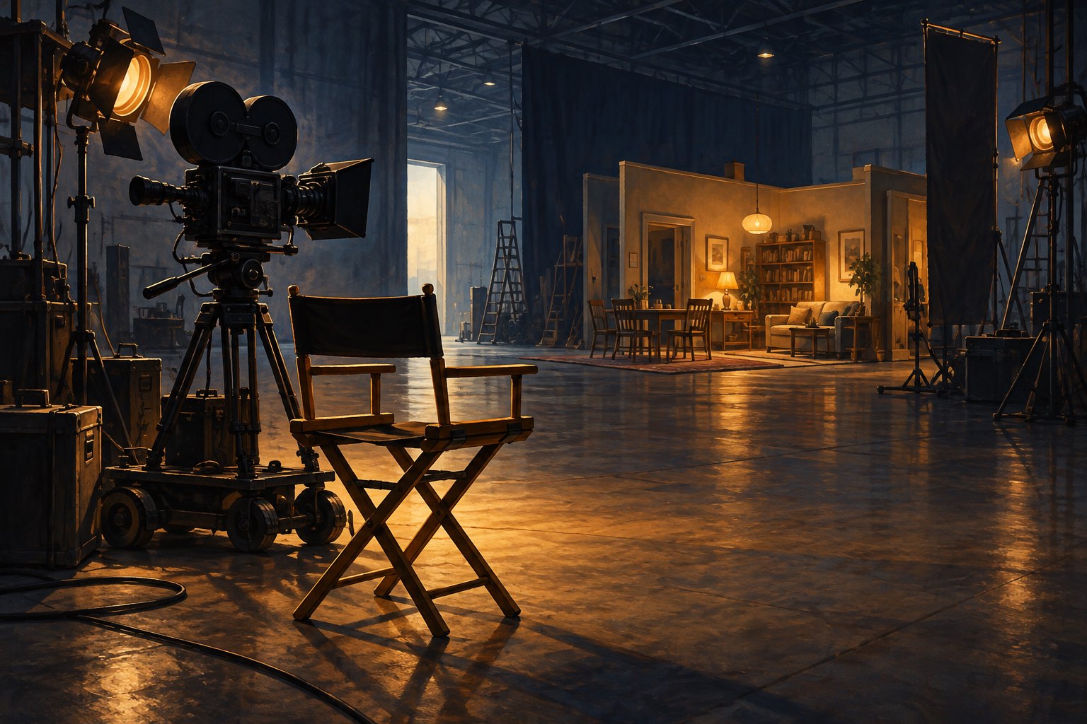 Conceptual illustration of an empty director’s chair and film camera facing a warmly lit domestic set on a dark soundstage.