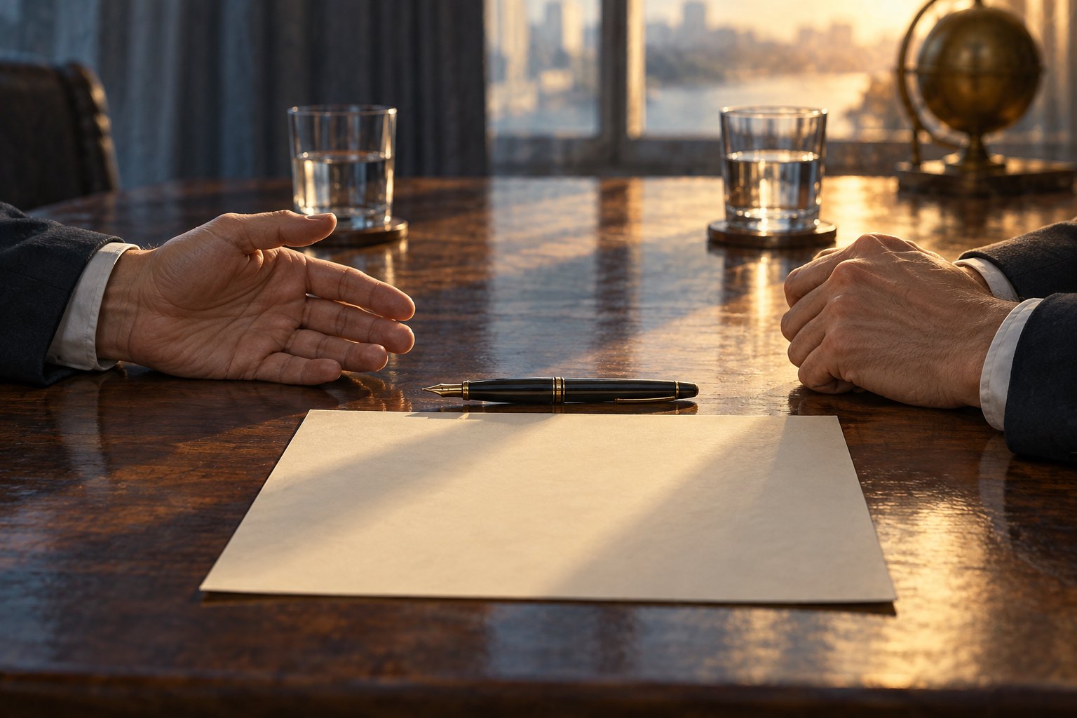 原创主题插画：谈判桌两侧一只手摊开、一只手轻握，空白纸张与钢笔置于中间，非电影剧照