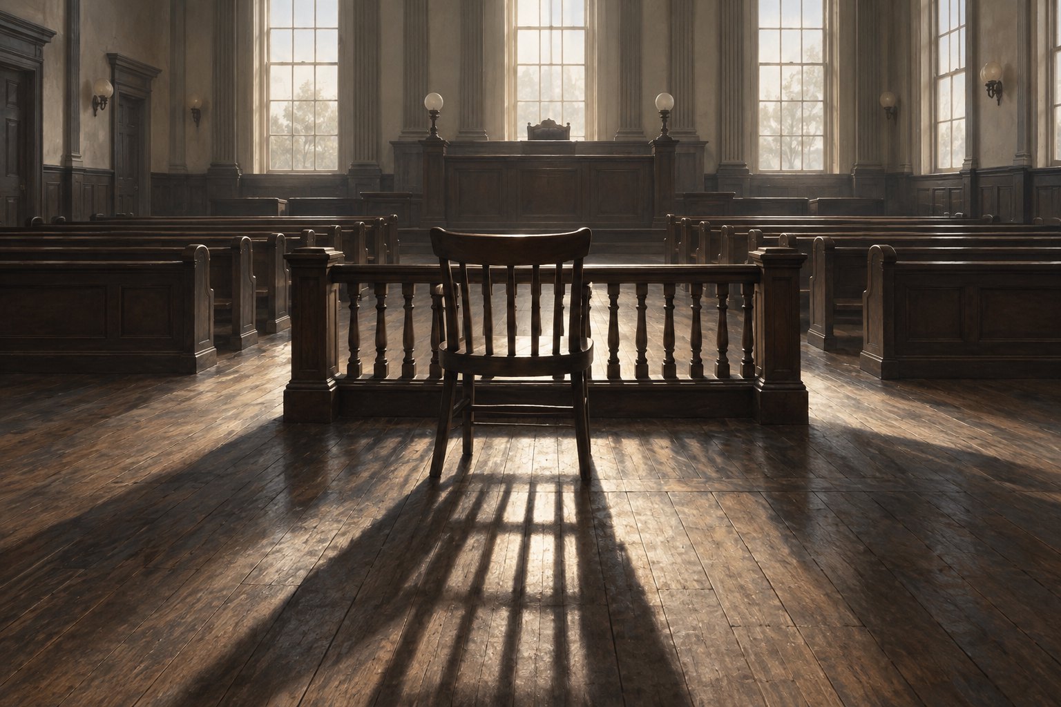 Conceptual illustration of an empty nineteenth-century courtroom with a solitary wooden chair casting a long shadow.