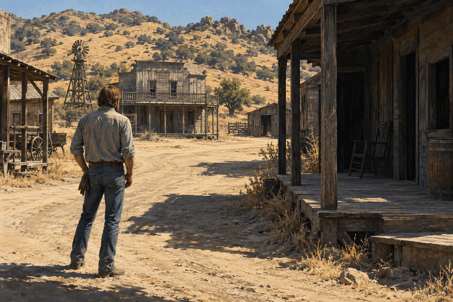Conceptual illustration of a solitary stunt worker facing an empty Western movie set beneath dry California hills.