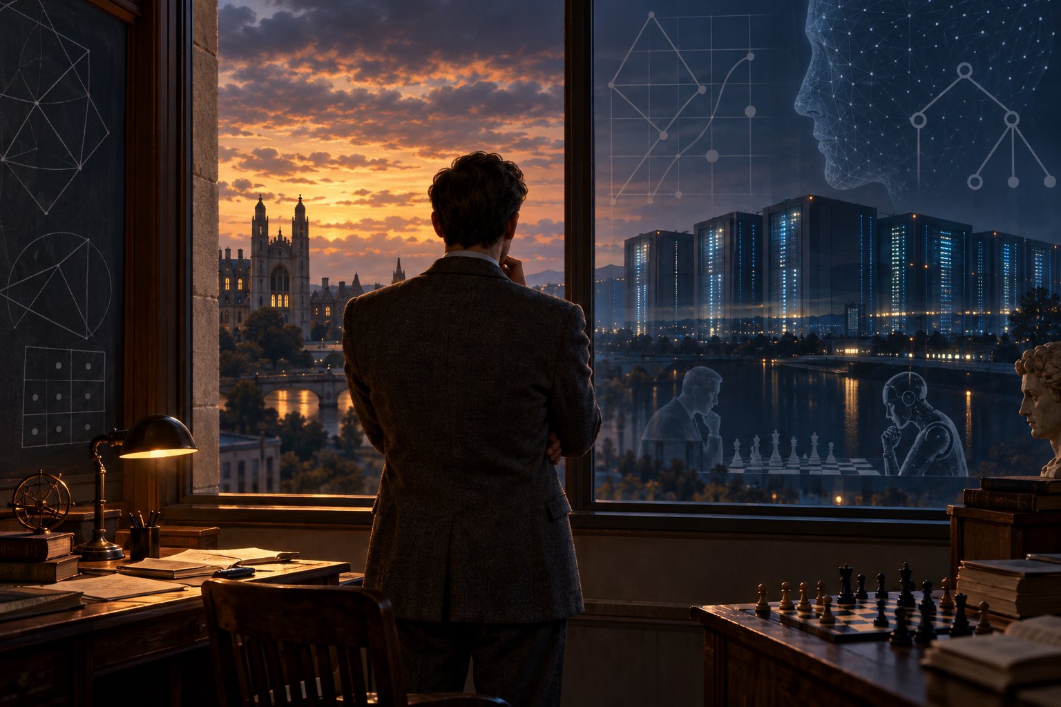 Conceptual illustration of a mathematician at a university window overlooking server towers and geometric reflections at sunset.
