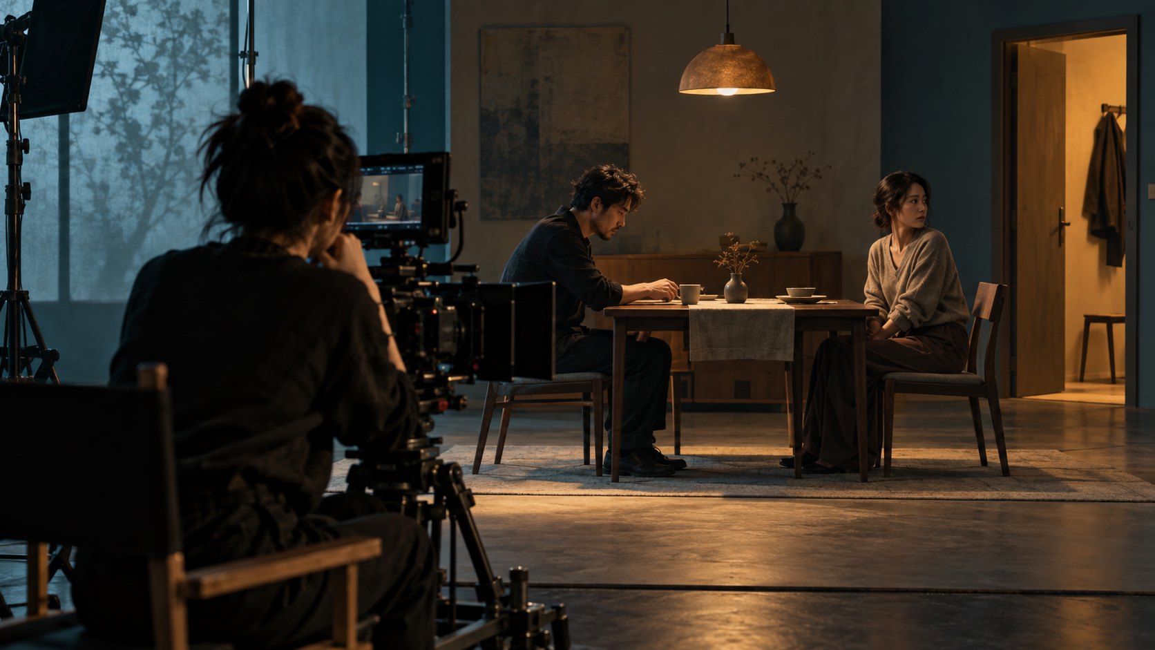 原創概念插畫:導演在攝影機旁觀察兩名演員排練餐桌對話,以動作與視線呈現人物關係,非活動實景