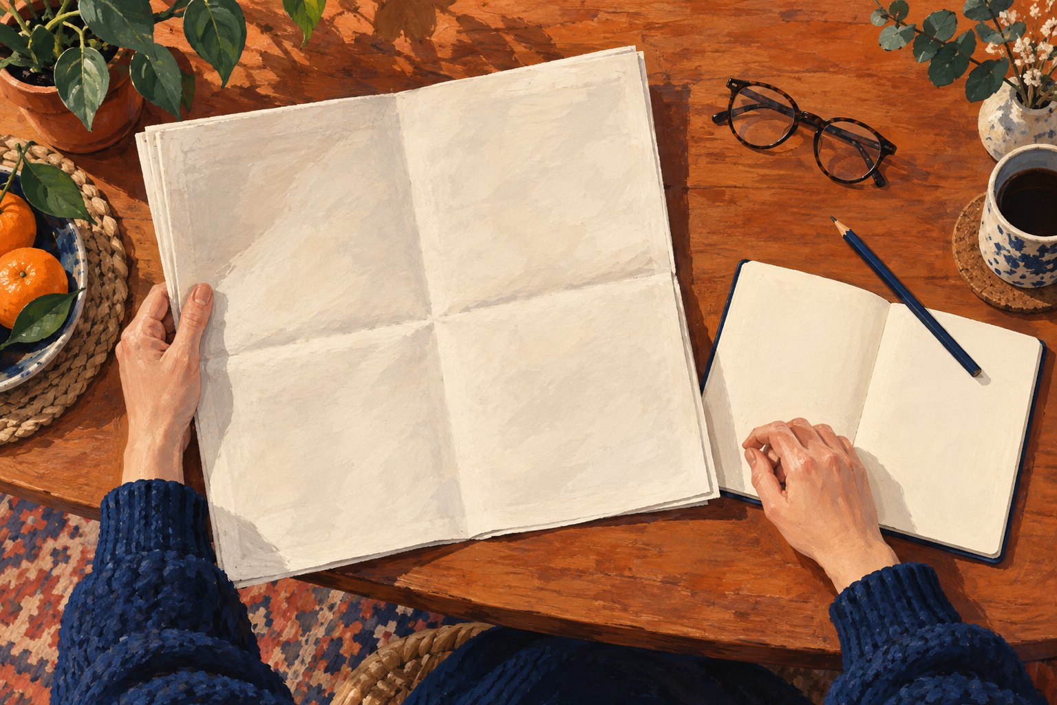 Conceptual illustration of a reader holding a blank newspaper beside an open notebook and eyeglasses on a wooden table.