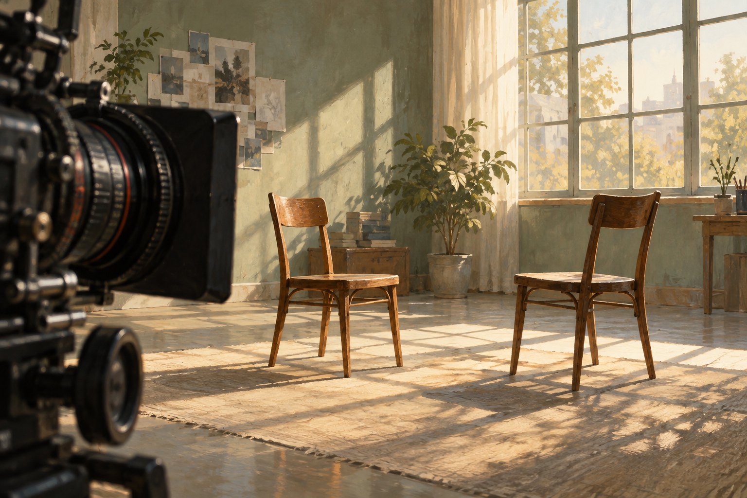 Conceptual illustration of a movie camera facing two empty wooden chairs in a sunlit rehearsal room, rather than a scene from the film.