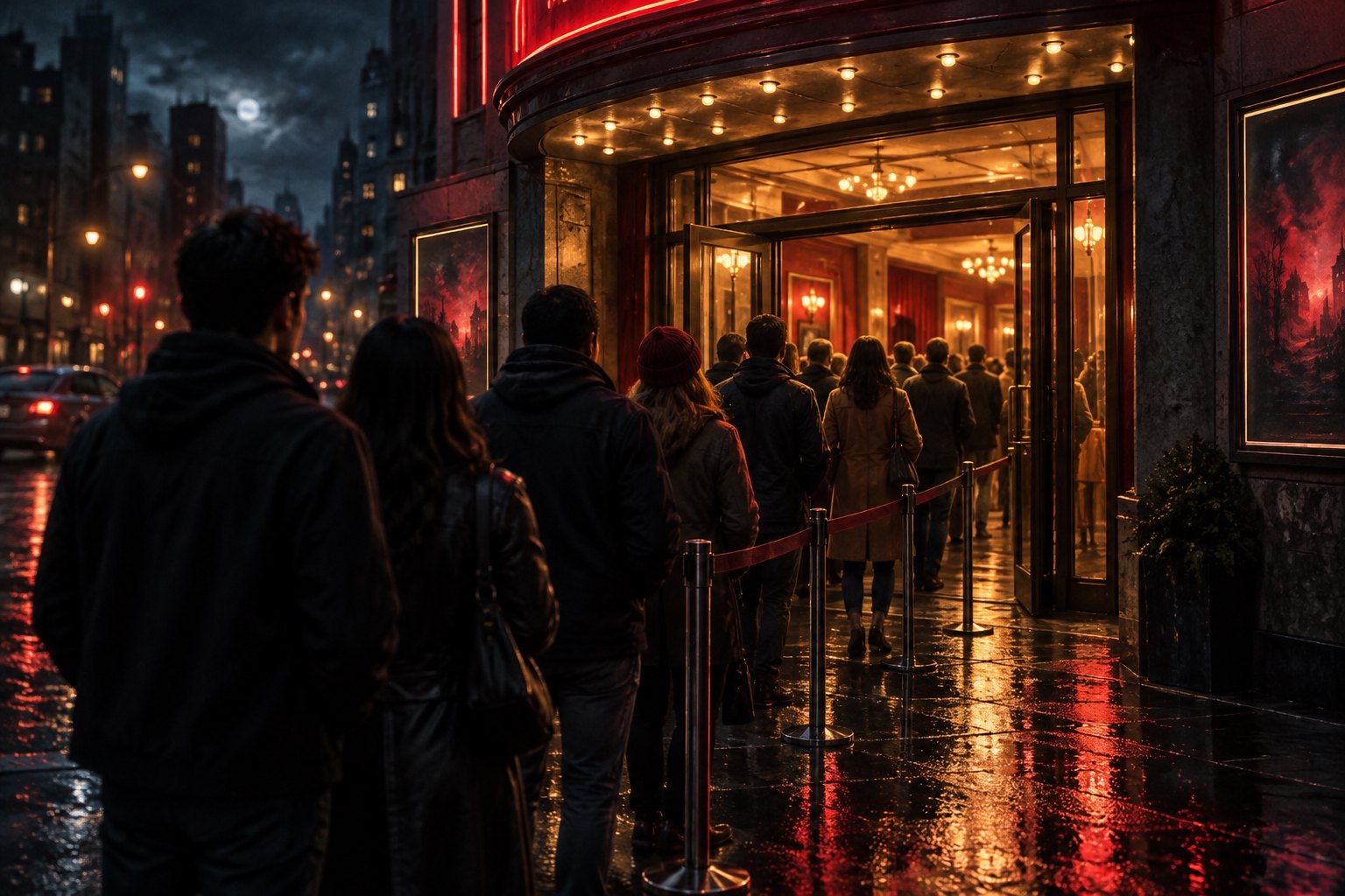 Original illustration of moviegoers entering a warmly lit cinema at night, with red reflections on rain-soaked pavement.