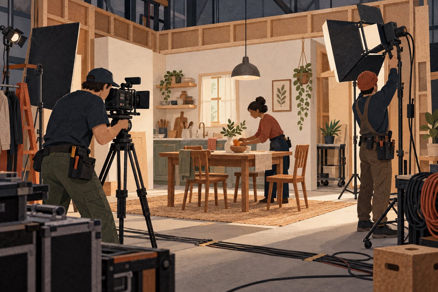 Paper-cut illustration of three film crew members arranging a camera, lighting, and props on a kitchen soundstage.