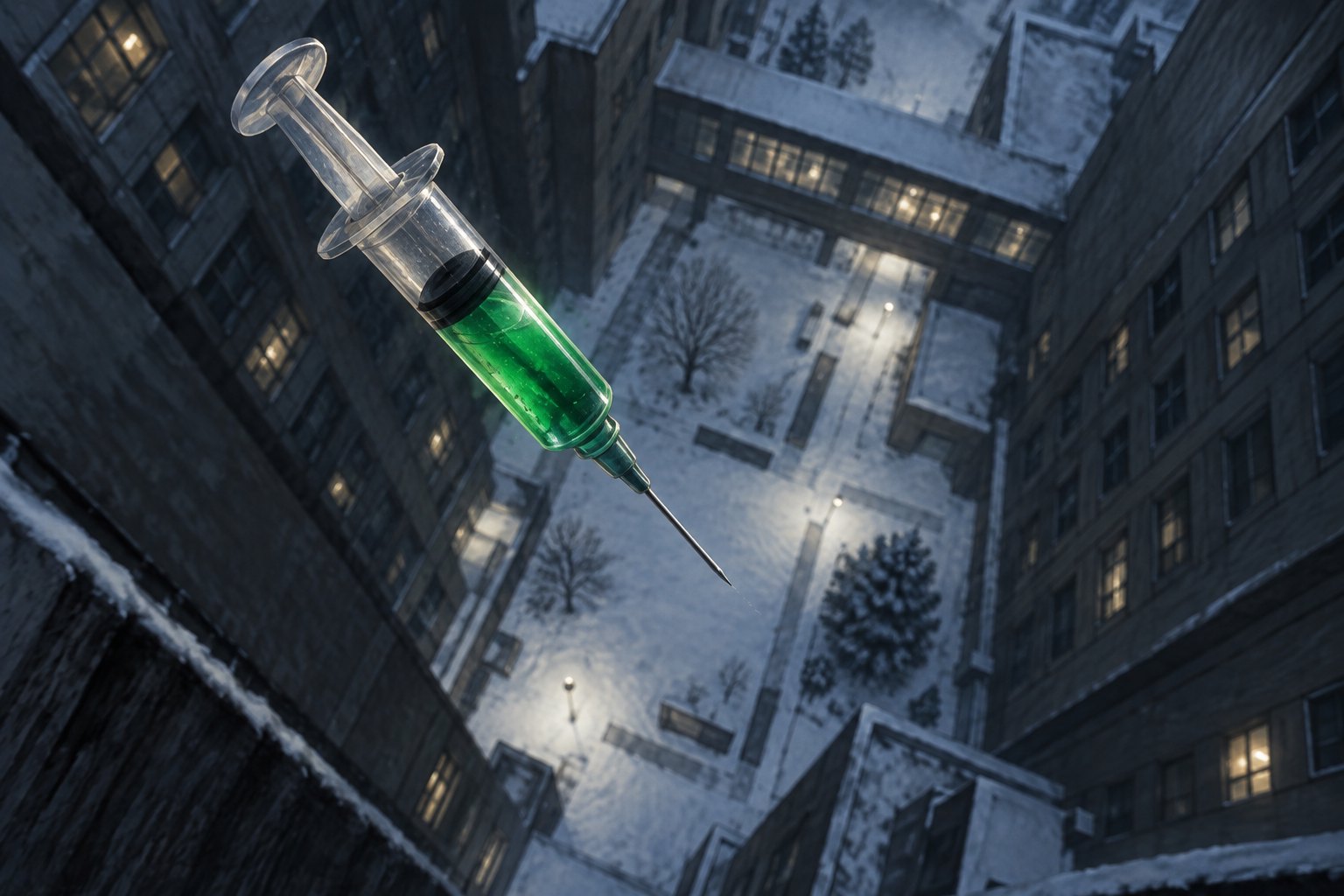 Concept illustration of a syringe filled with green fluid falling between hospital buildings above a snowy courtyard.