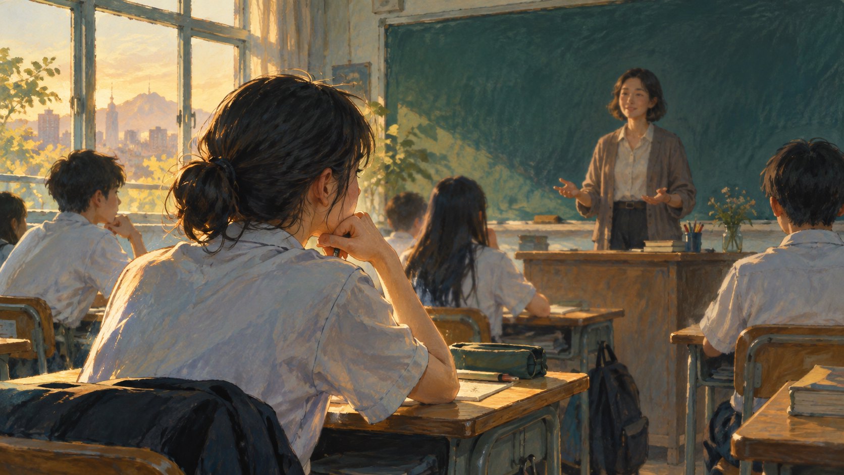 概念插畫:學生坐在教室前景沉思,老師在講桌旁張開雙手說明
