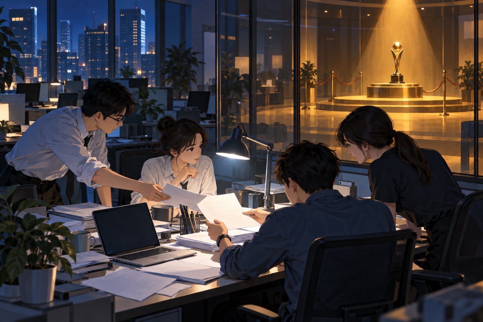 夜间协作的职员与玻璃隔断后的聚光奖杯形成对照,原创职场主题插画,非电影剧照
