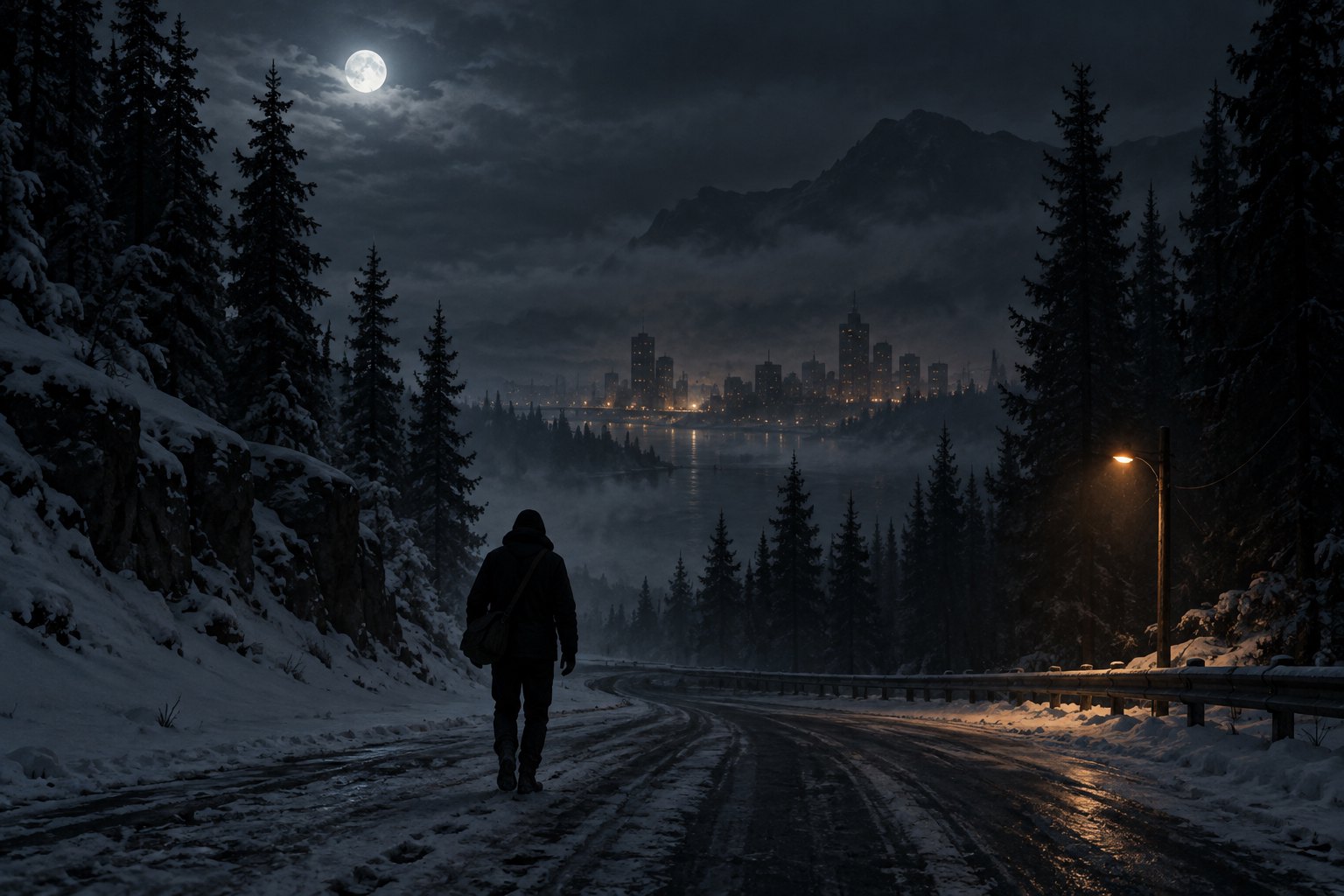 Original editorial illustration of a lone courier on a snowy mountain road overlooking a distant city at night.