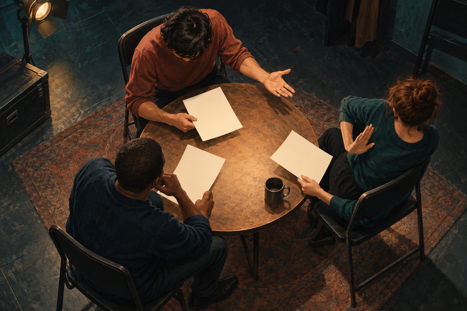 An overhead illustration shows three performers holding blank pages around a rehearsal table.