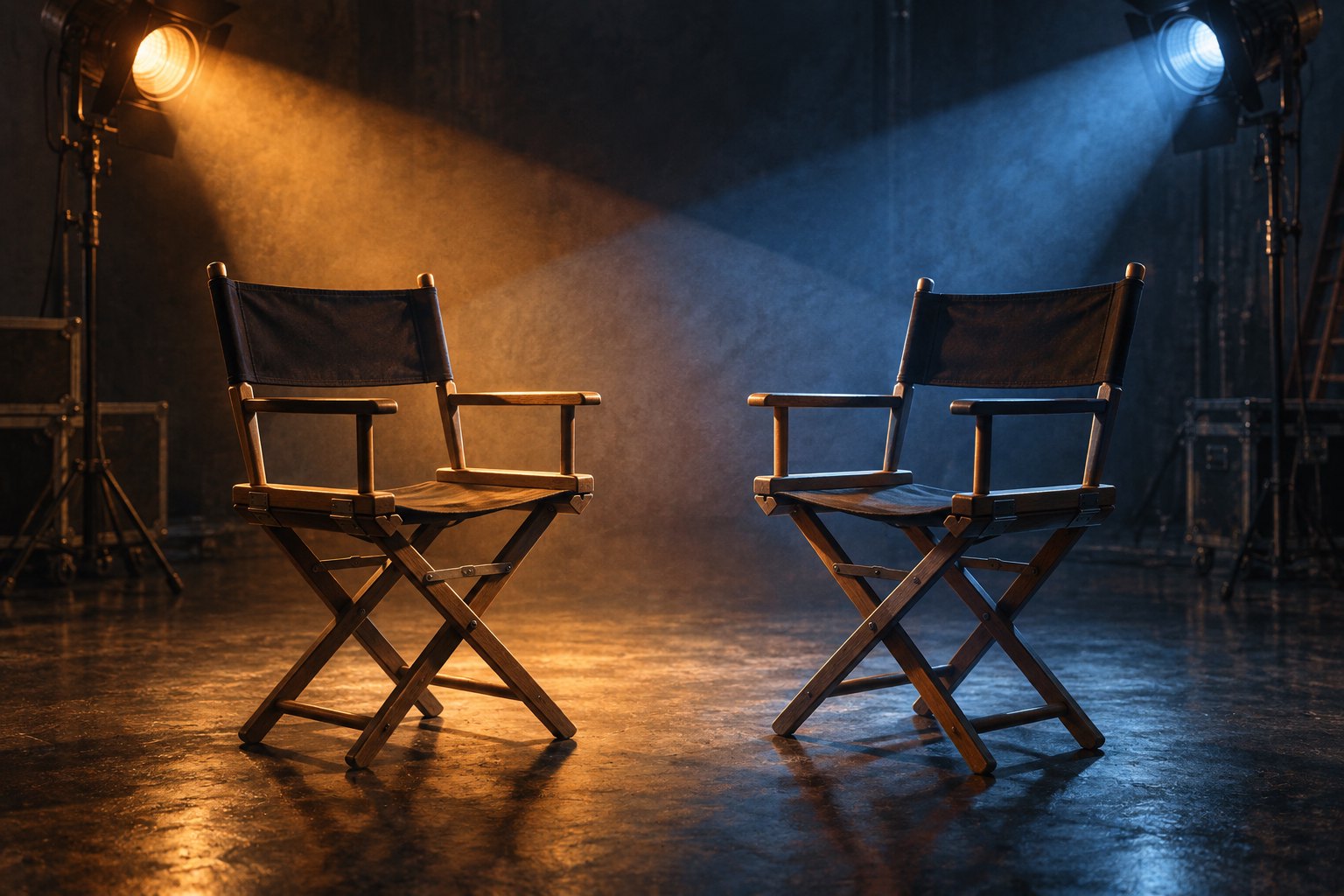 Conceptual illustration of two empty actors’ chairs beneath amber and blue lights on a dark soundstage.