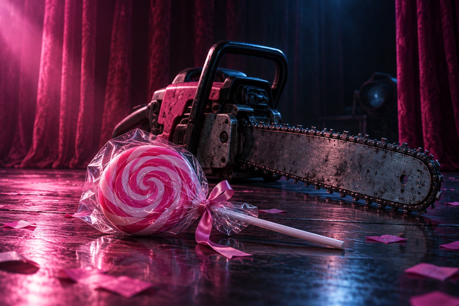 Conceptual illustration of a wrapped pink lollipop beside a chainsaw on a theater stage under pink and blue lighting.