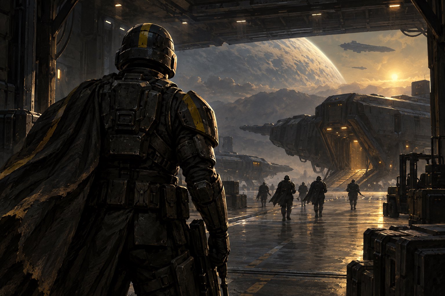 Concept illustration of a helmeted futuristic soldier overlooking a vast hangar with distant troops and spacecraft.