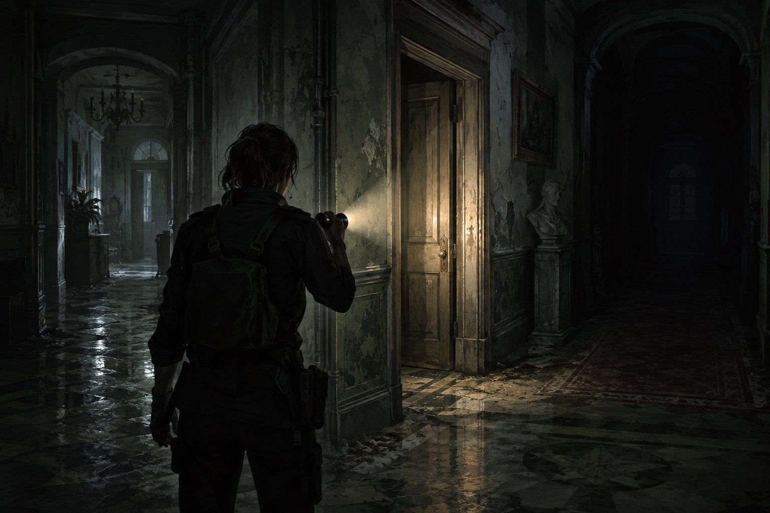 Conceptual illustration of a lone survivor shining a flashlight toward a doorway in a dark corridor.