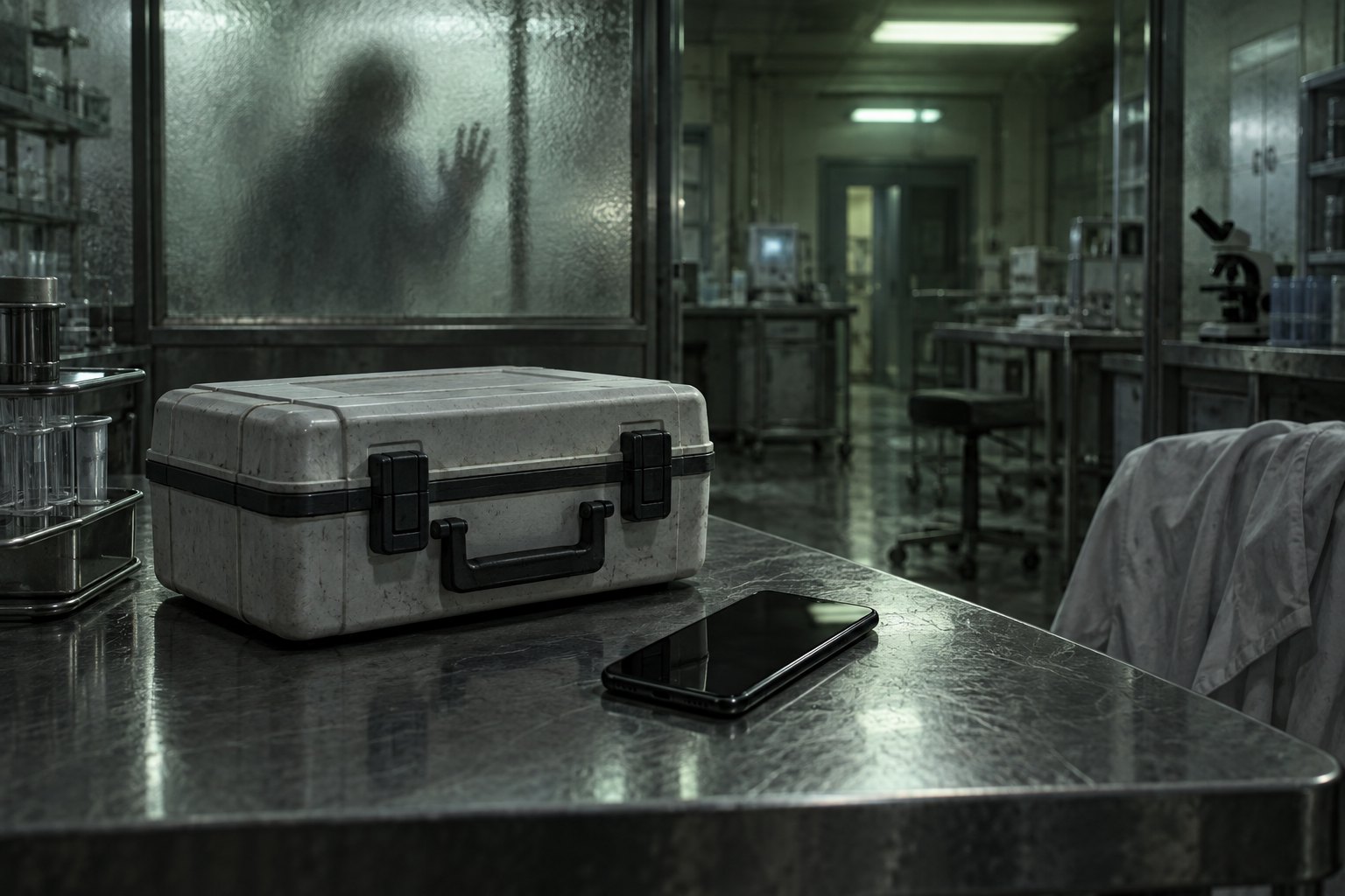 Conceptual illustration of a medical case and dark smartphone on a laboratory table, with a distorted human silhouette behind frosted glass.