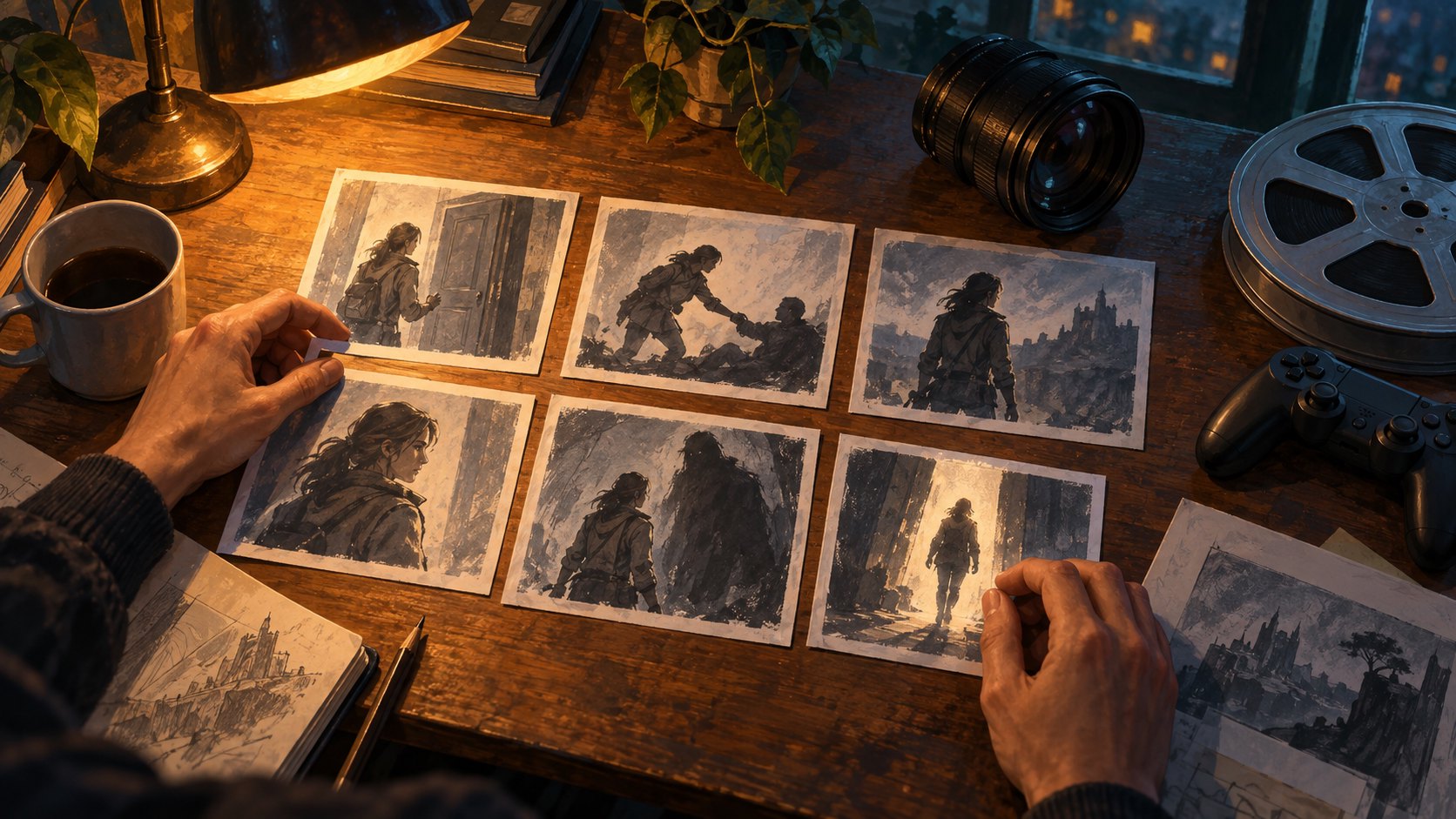 雙手在燈下排列角色行動的分鏡草圖,呈現改編作品建立人物動機的概念,非實際電影劇情