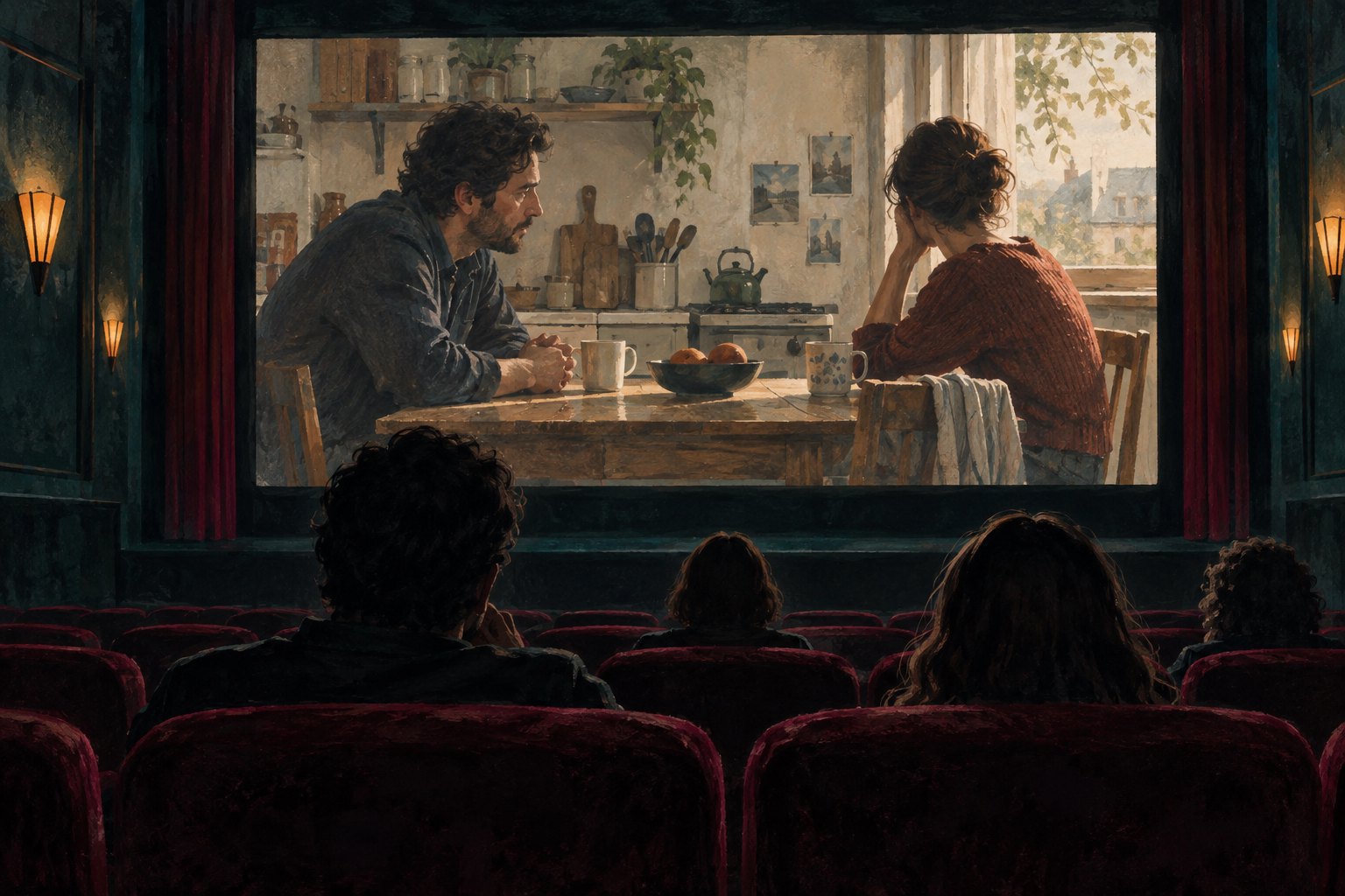 Conceptual illustration of cinema audiences watching two fictional characters share a tense conversation across a kitchen table.