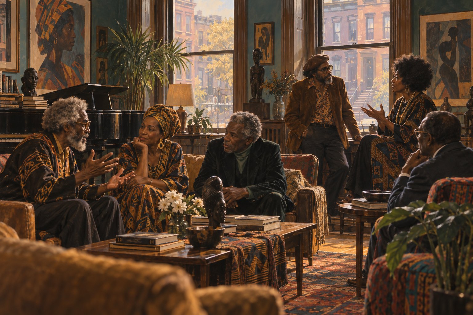 Conceptual illustration of older Black artists conversing in a warmly lit Harlem sitting room.