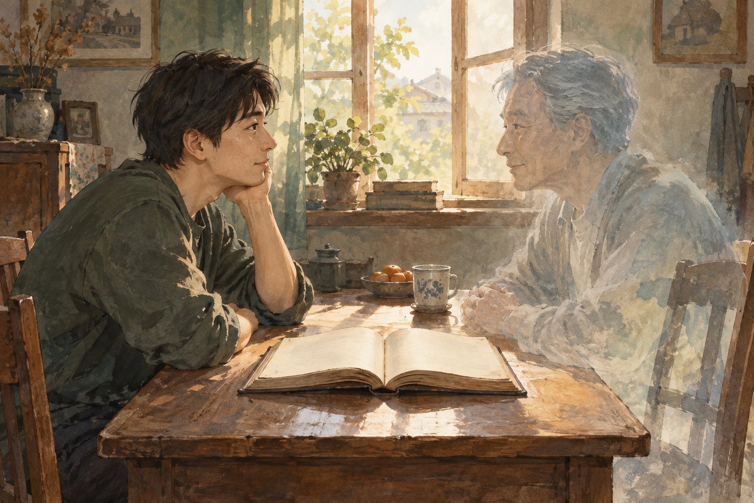 父子平视主题概念插画:成年儿子与半透明的父亲隔着摊开的旧书相对而坐