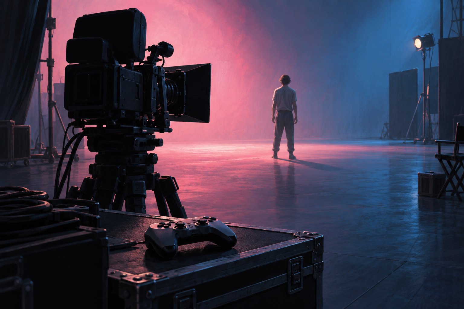 Conceptual illustration of a movie camera and game controller facing a lone performer on a pink-and-blue-lit soundstage.