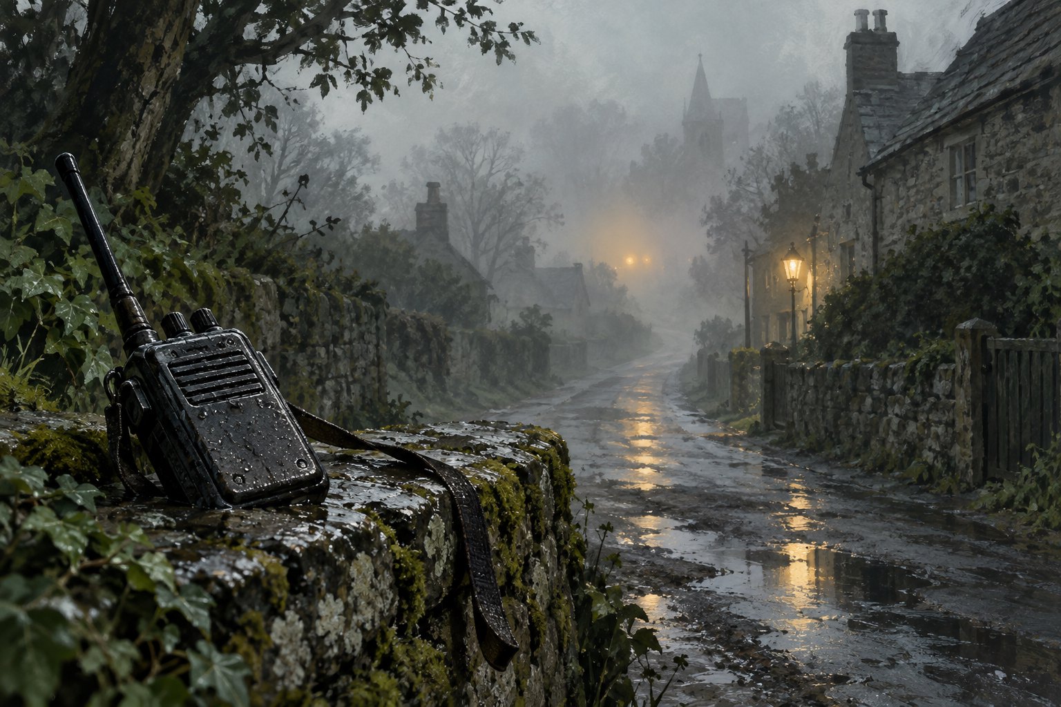 Concept illustration of a handheld radio on a wet stone wall beside a deserted village lane disappearing into mist.