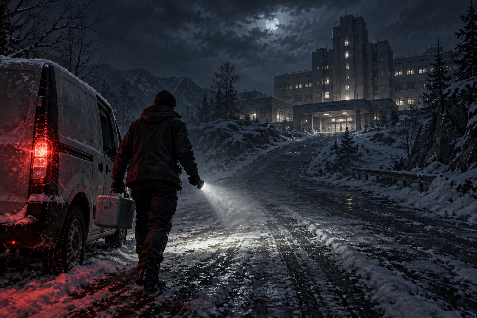 Concept illustration of a medical courier carrying a case beside a vehicle on a snowy road toward an ominous hospital.