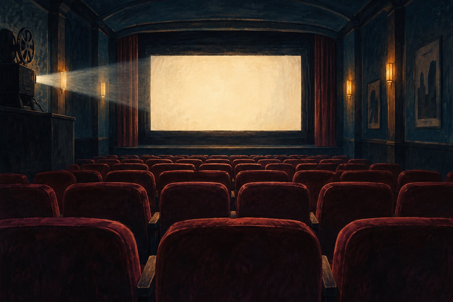 Conceptual illustration of an empty movie theater with burgundy seats facing a glowing blank screen.