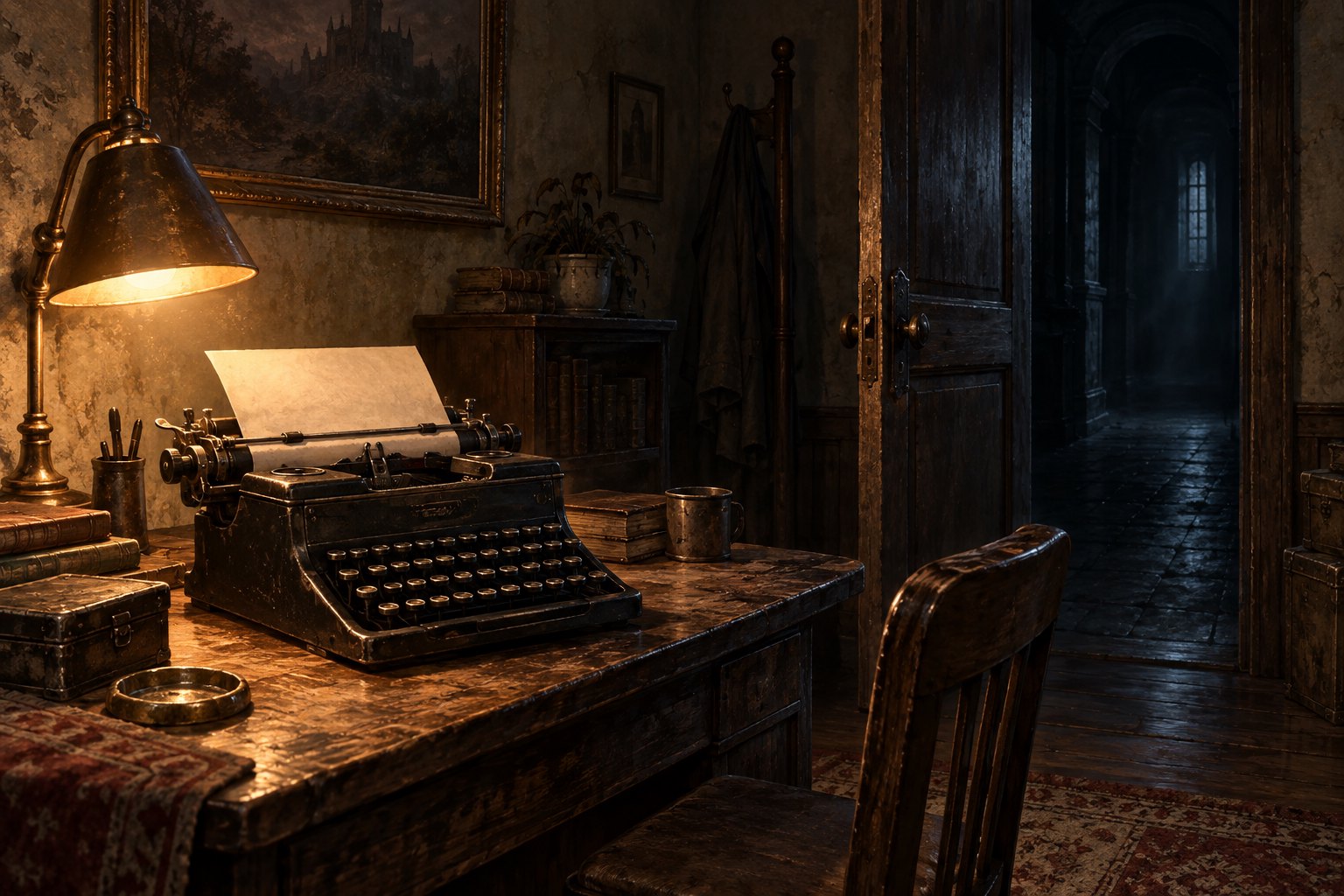 Concept illustration of a vintage typewriter beneath a warm desk lamp beside an open doorway into a dark corridor.