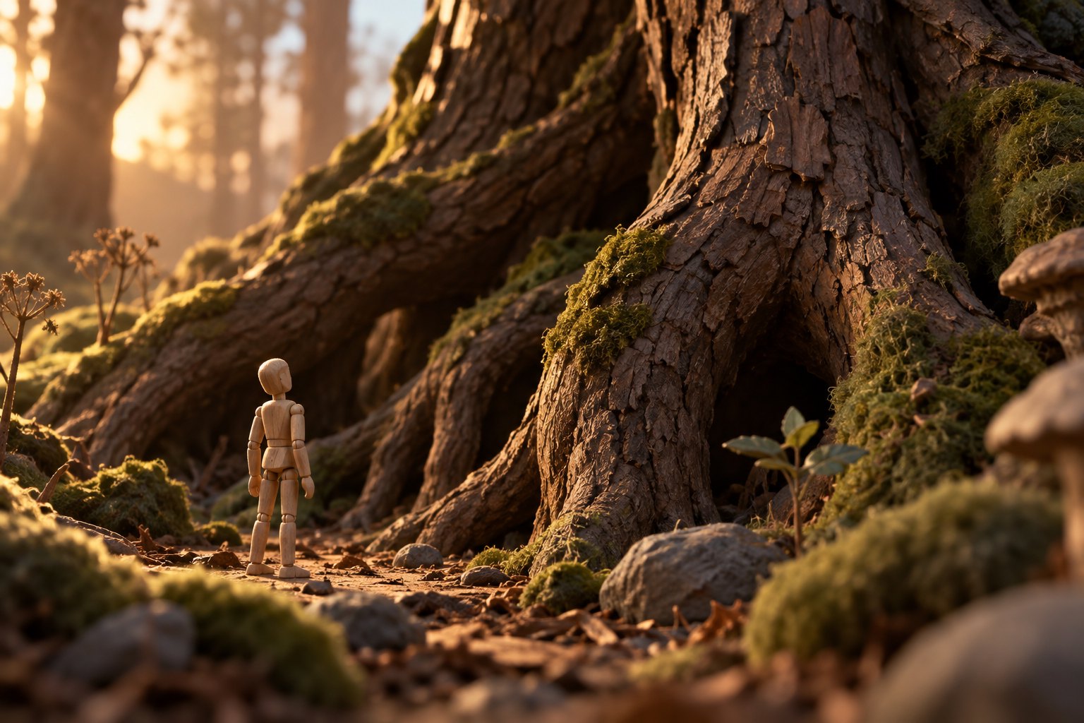 Conceptual illustration of a small wooden figure facing enormous moss-covered roots in a handcrafted forest miniature.