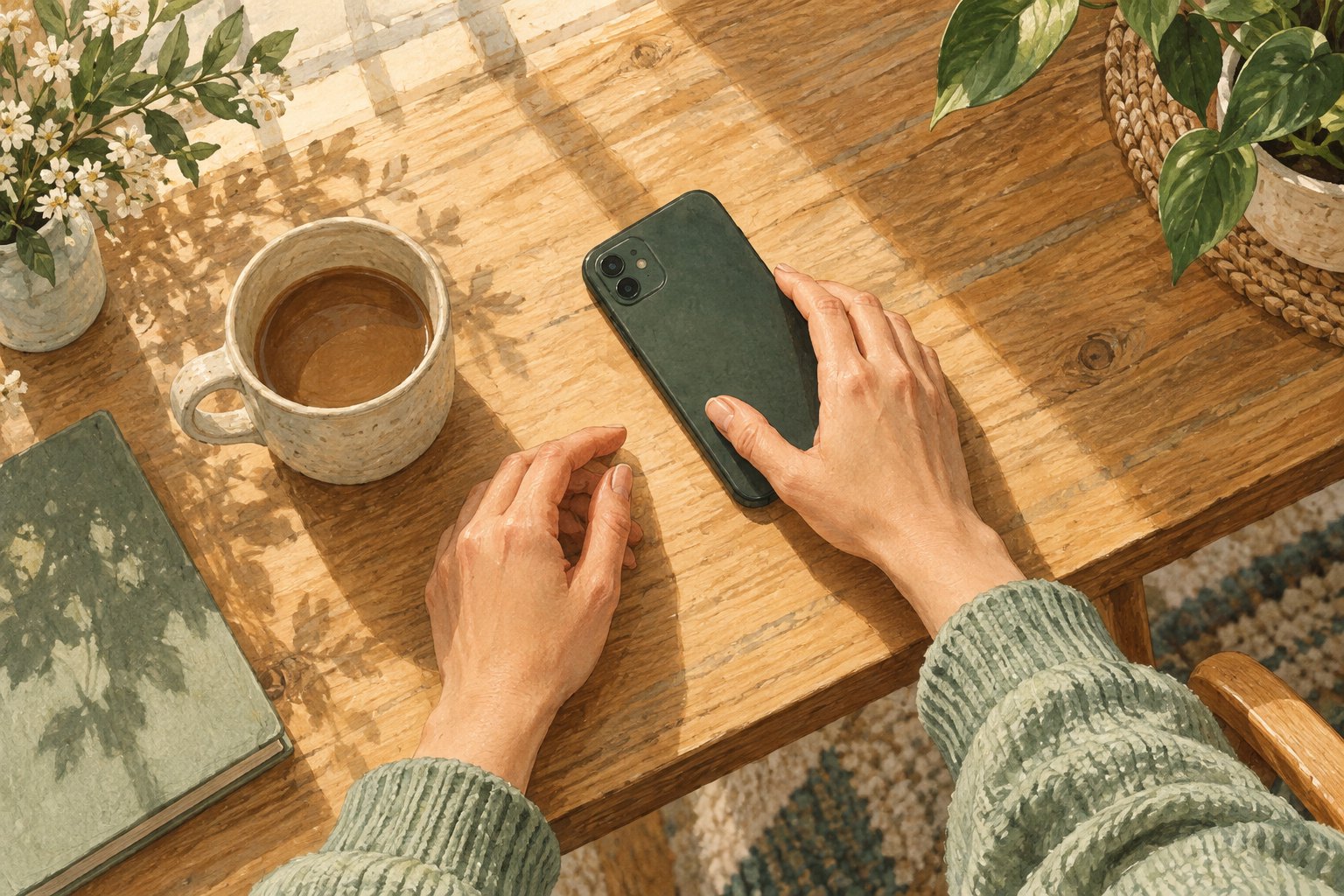 Conceptual illustration of anonymous hands placing a smartphone face down beside a ceramic cup on a sunlit wooden table.
