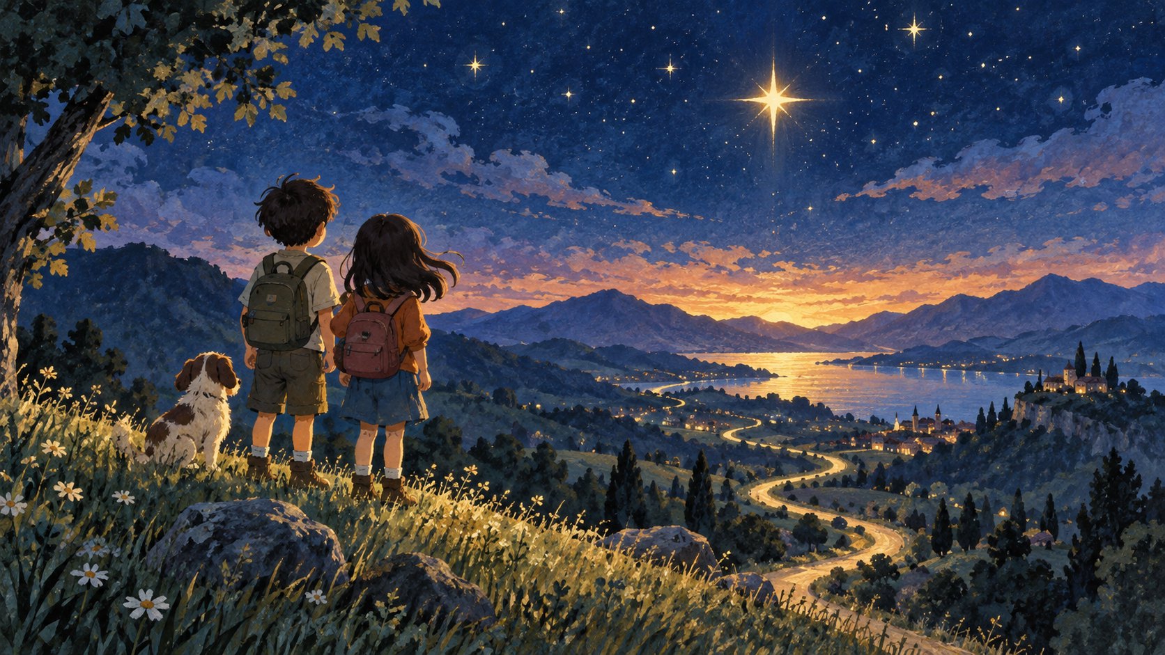 兩名背著背包的孩子與小狗站在山丘仰望星光,遠方小路象徵友情冒險的原創概念插畫,非電影劇照