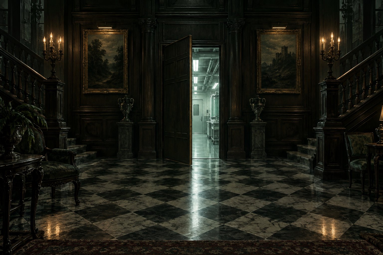 Concept illustration of a dark mansion hall with an open door revealing a brightly lit laboratory corridor.