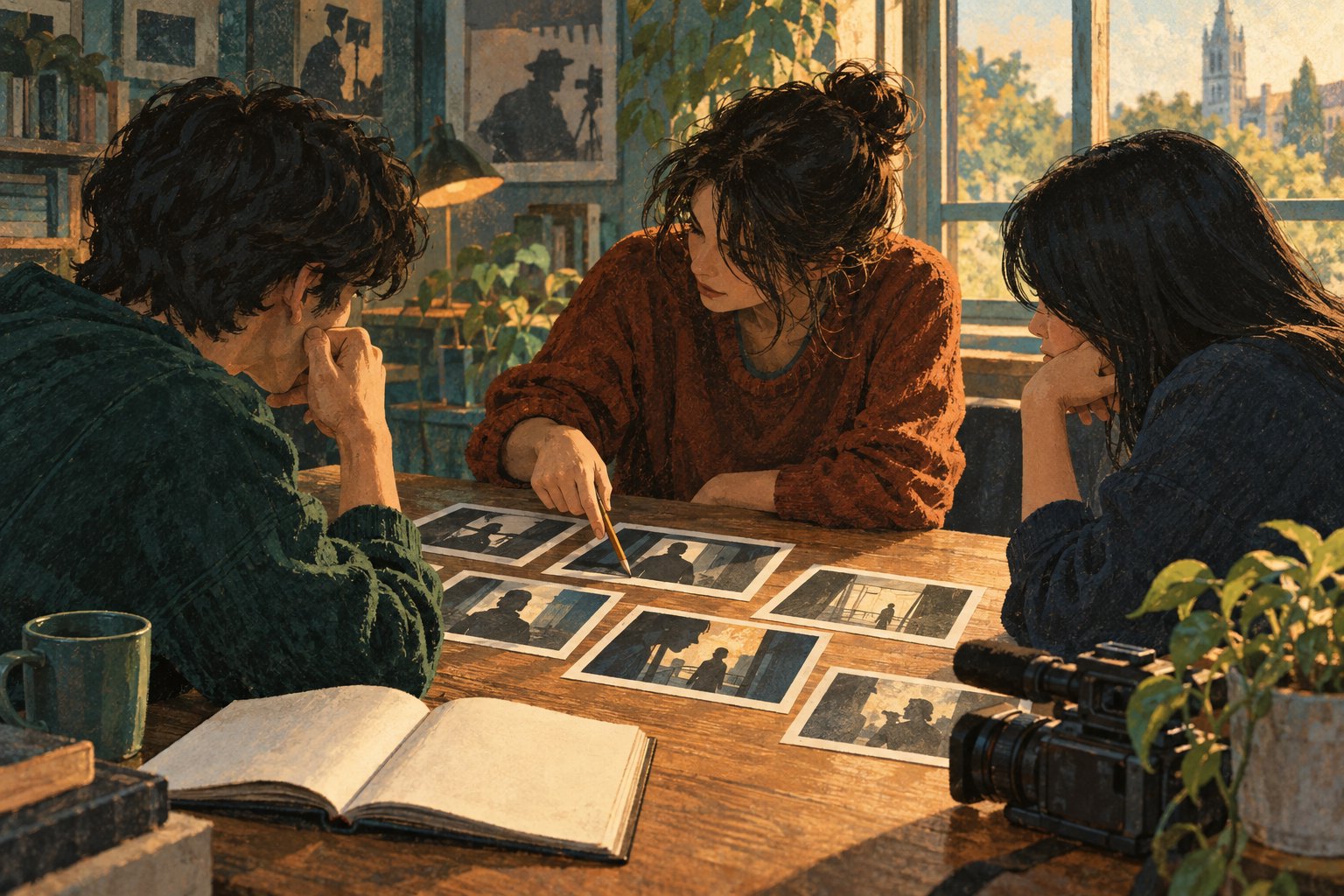 观影讨论主题概念插画:三名青年围坐桌旁研究分镜卡片,非影片剧照或活动实录