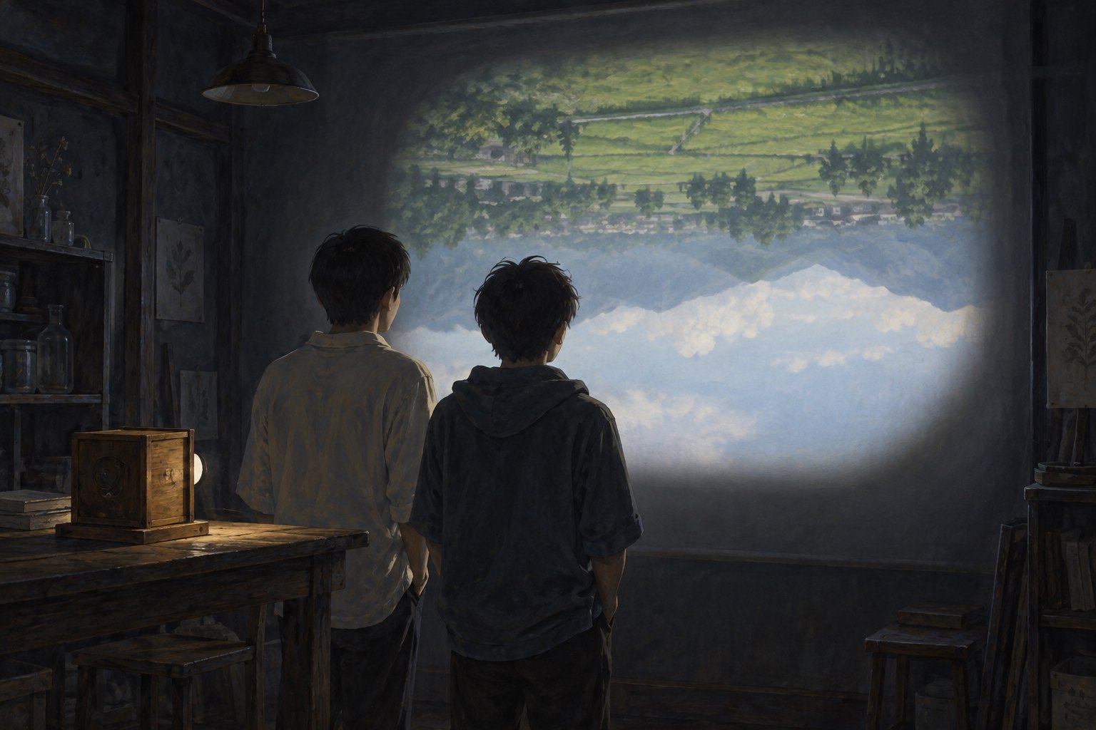 原创主题插画:两名少年站在幽暗房间里,观看墙上倒置的田野与天空投影