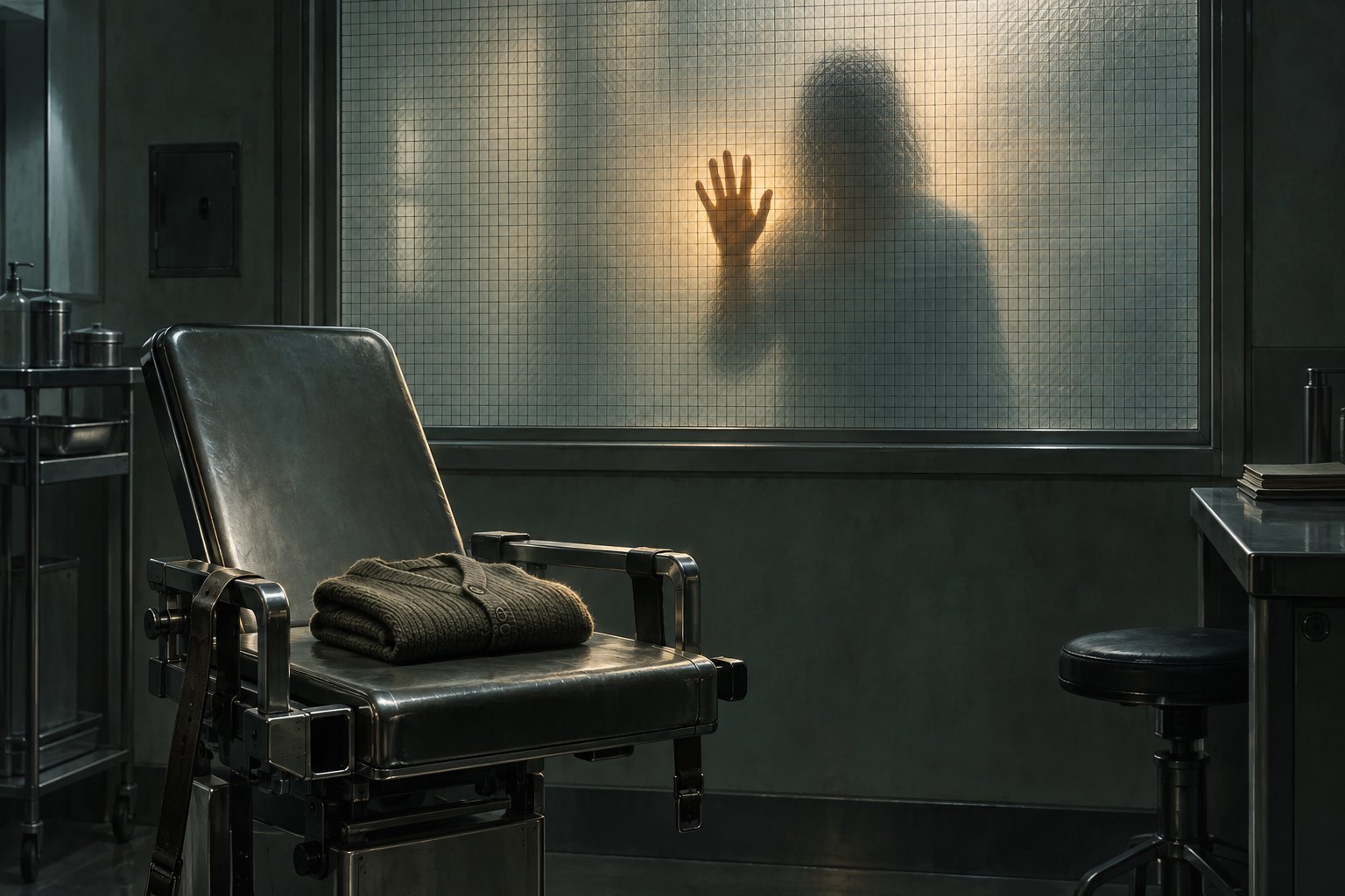 Concept illustration of a human silhouette pressing a hand against frosted observation glass beside an empty examination chair.