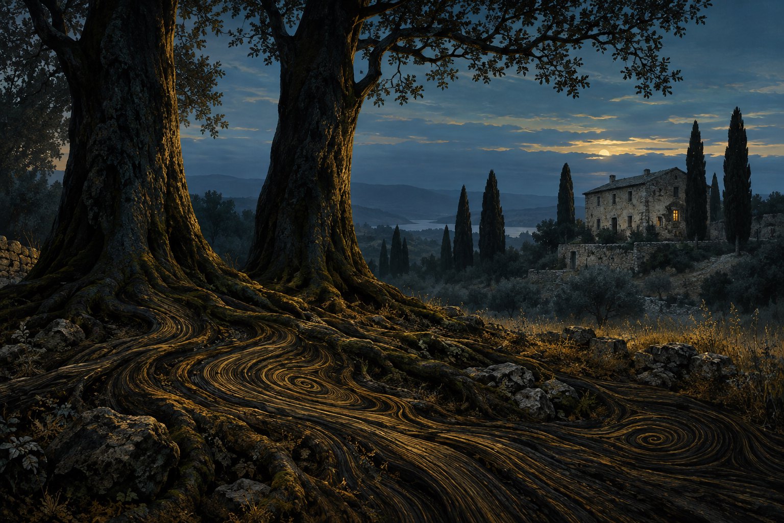 Concept illustration of two dark trees beside a distant stone house at dusk, with roots spreading across the foreground.
