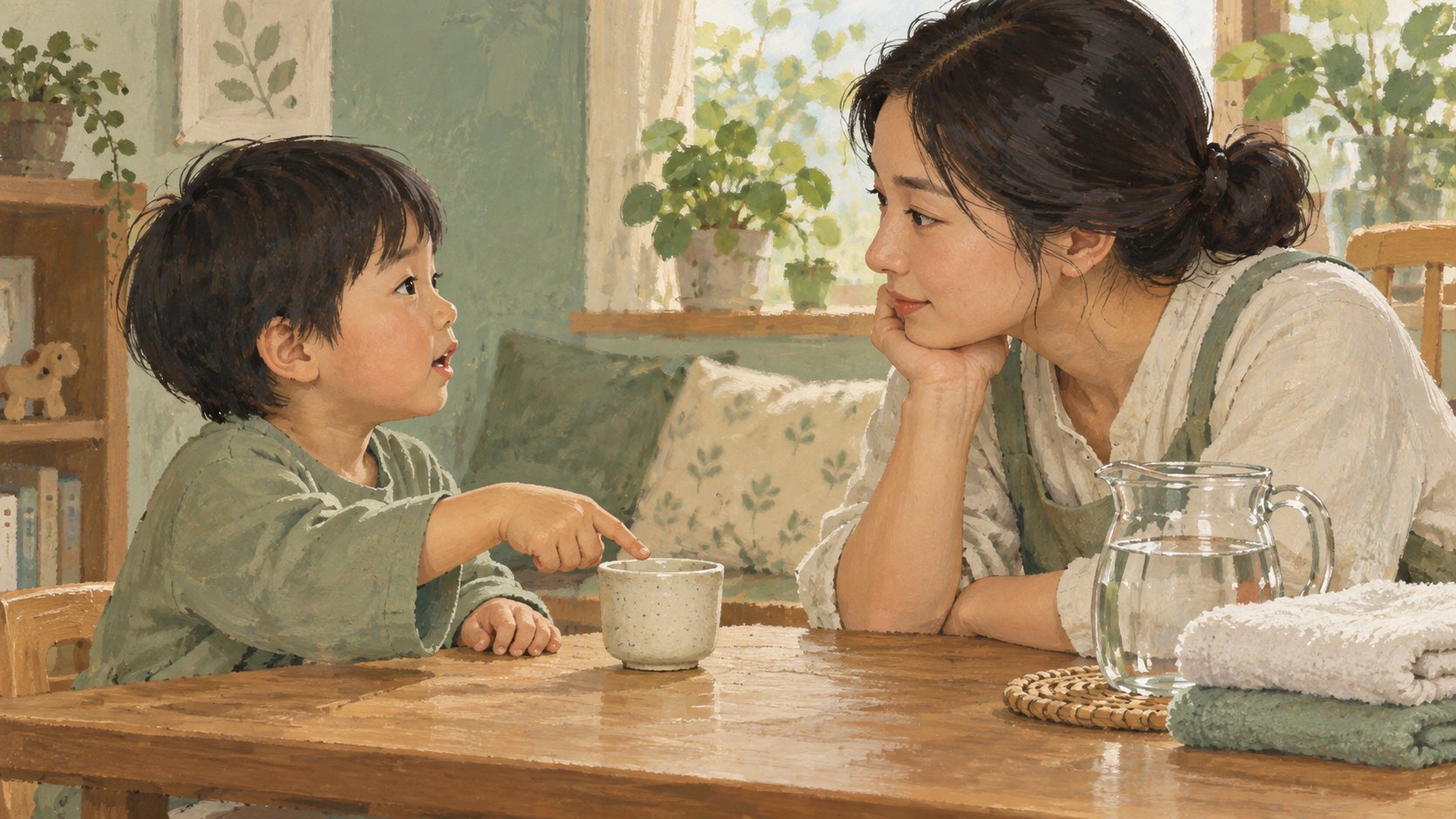 原創概念插畫:大人與孩子平視而坐,耐心留意孩子指向杯子的動作
