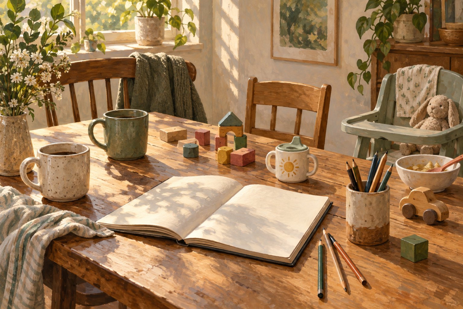 Painterly illustration of mugs, a child's cup, wooden toys, and an open sketchbook sharing a sunlit dining table.