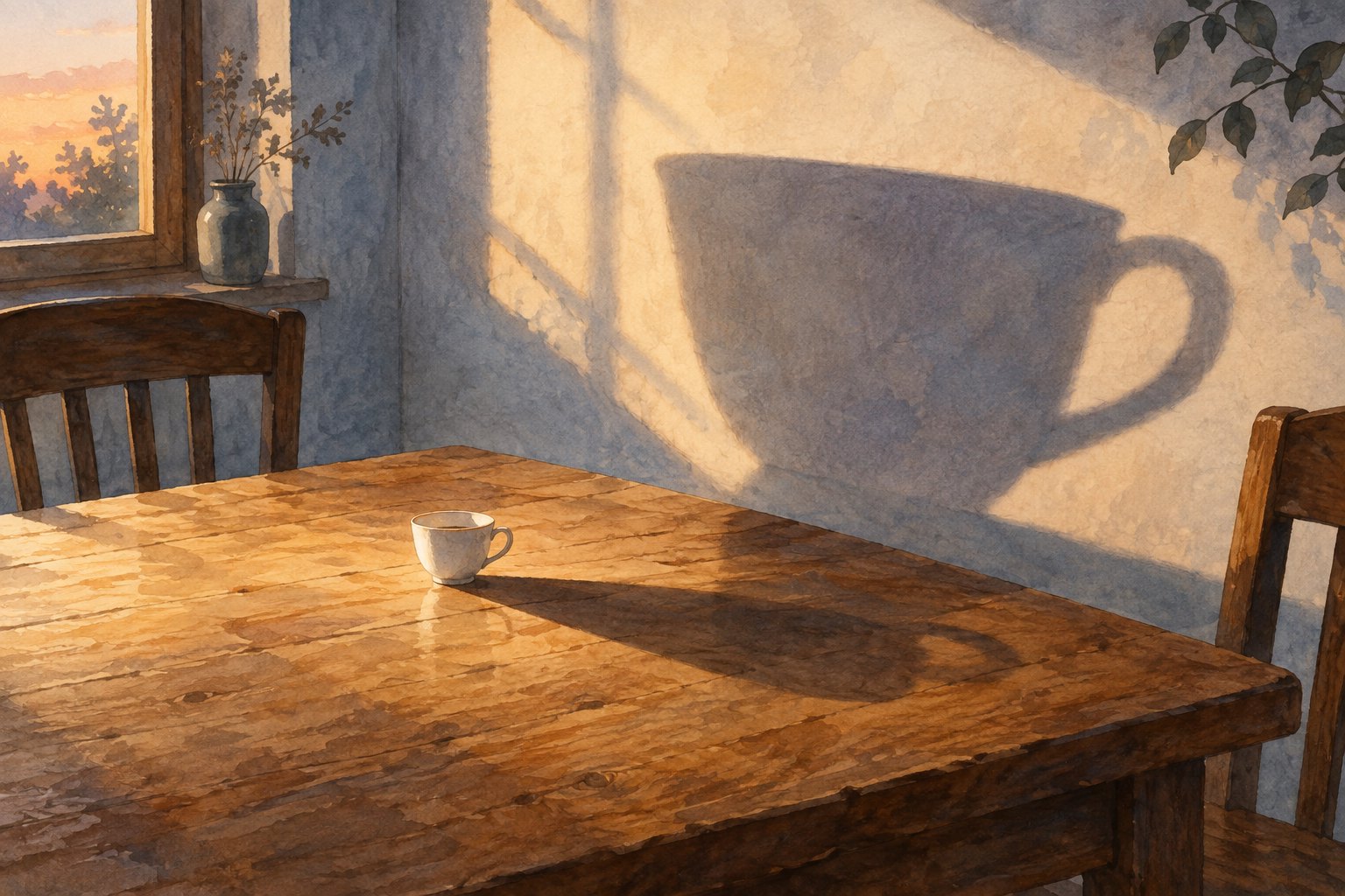 小瓷杯在夕阳下投出巨大影子的水彩概念插画,非《小题大作》电影场景