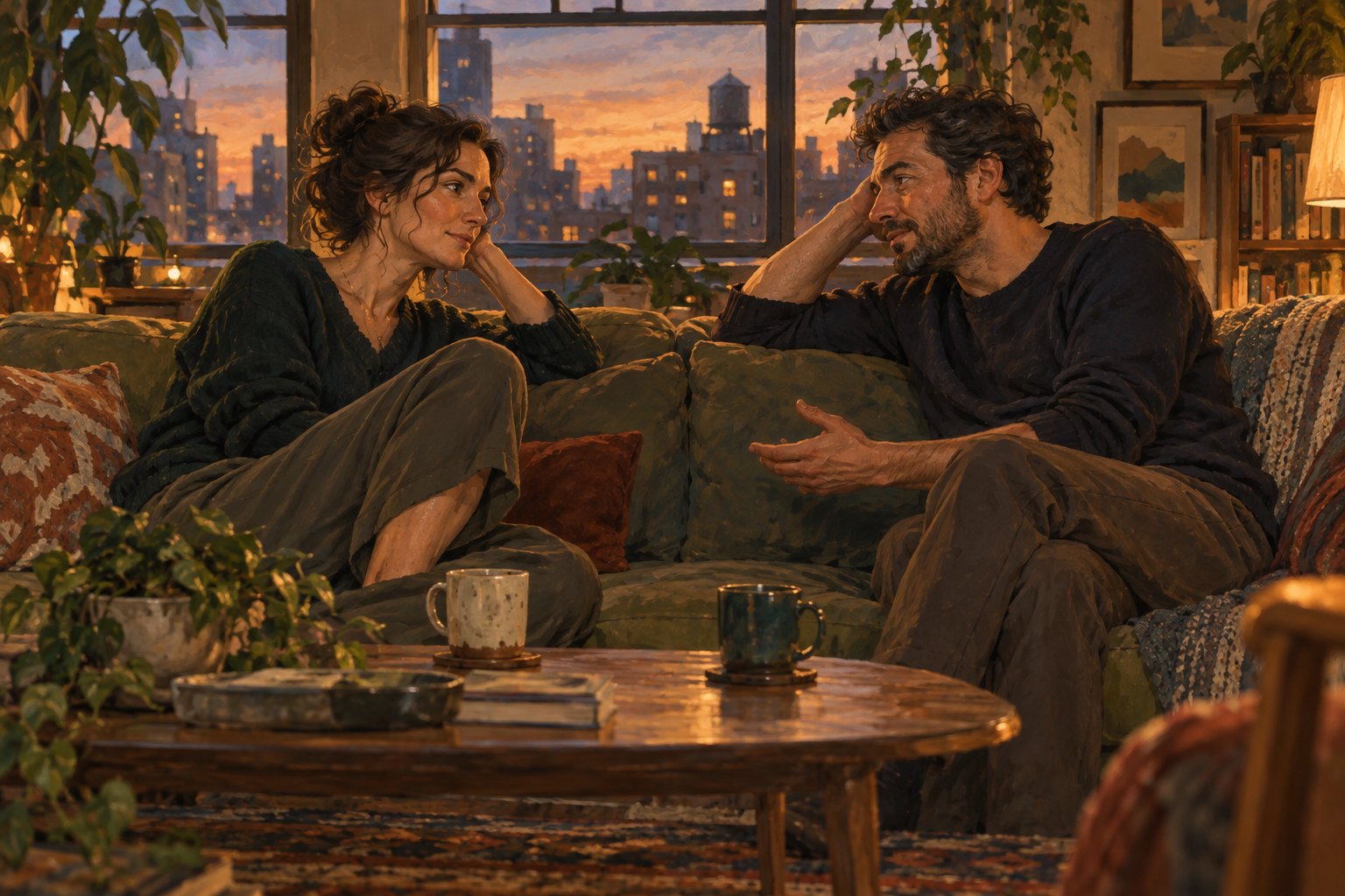 Painterly illustration of a couple having a thoughtful conversation on a sofa in a warmly lit apartment.