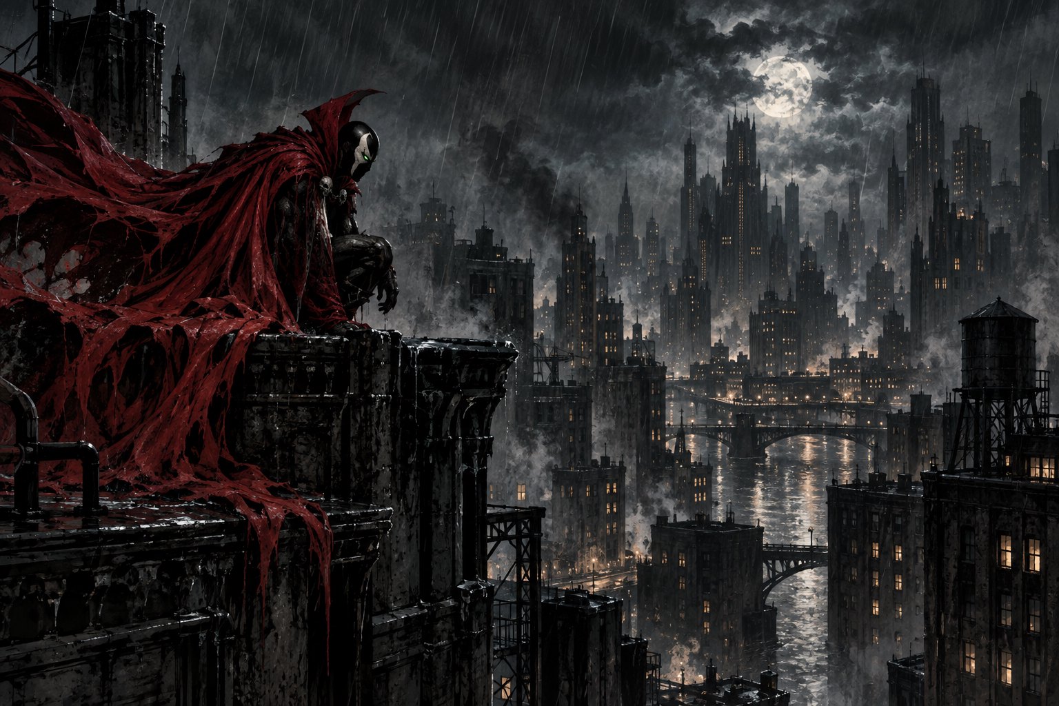 Concept illustration of Spawn crouching on a rain-soaked rooftop above a dark city, his crimson cape trailing behind him.