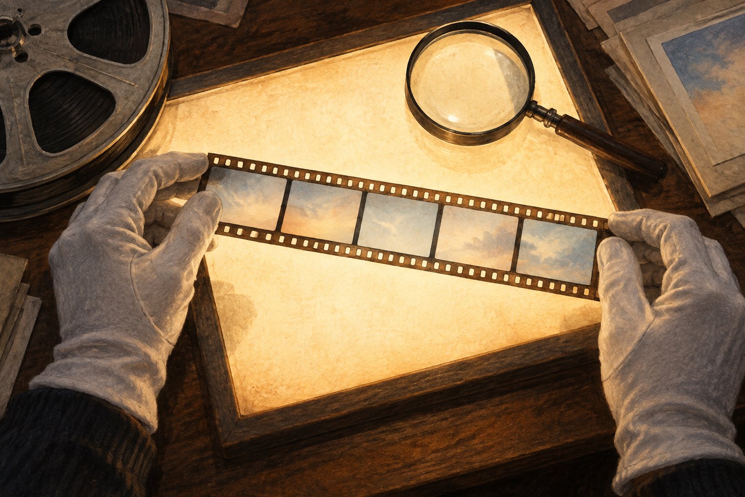 Conceptual illustration of gloved hands examining a film strip on an illuminated table beside a magnifying glass and metal reel.
