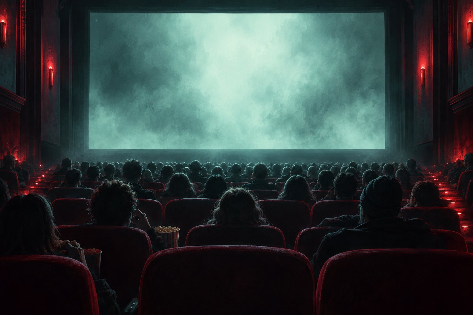 Illustration of a crowded movie theater facing a misty teal screen with red lights along the aisles.