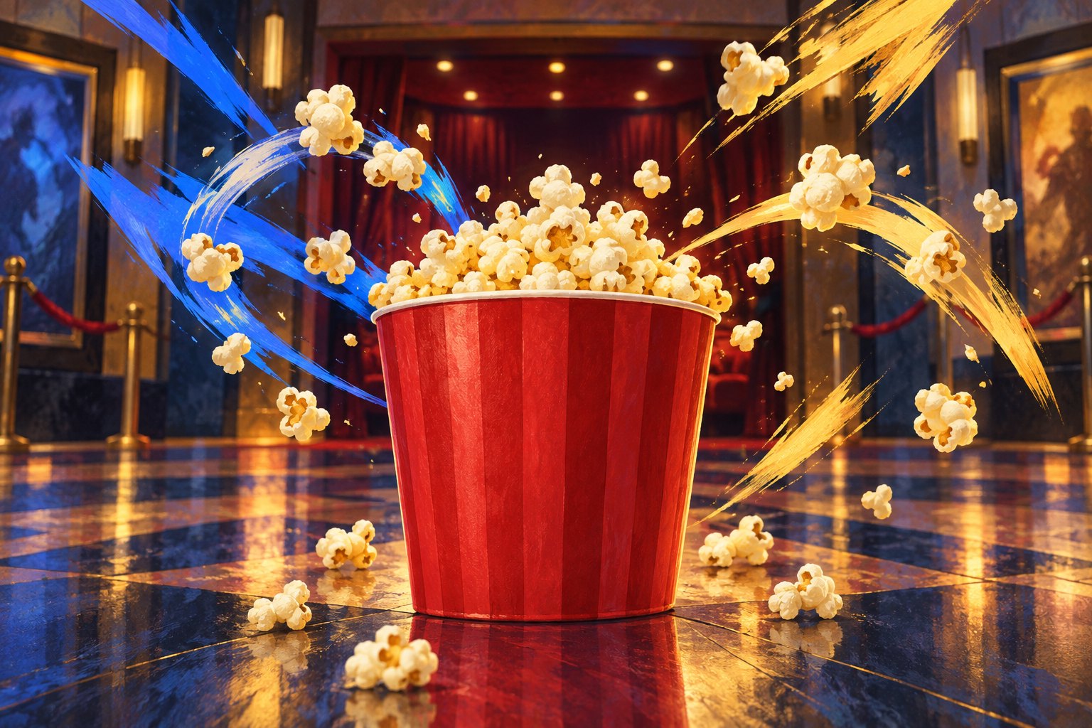 Conceptual illustration of a red popcorn tub surrounded by flying kernels and colorful light in a cinema lobby.