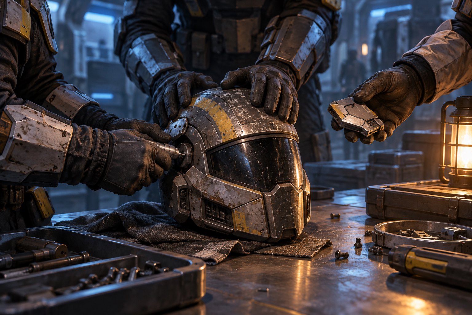 Conceptual illustration of armored crew members working together to repair a battered helmet on a workshop bench.