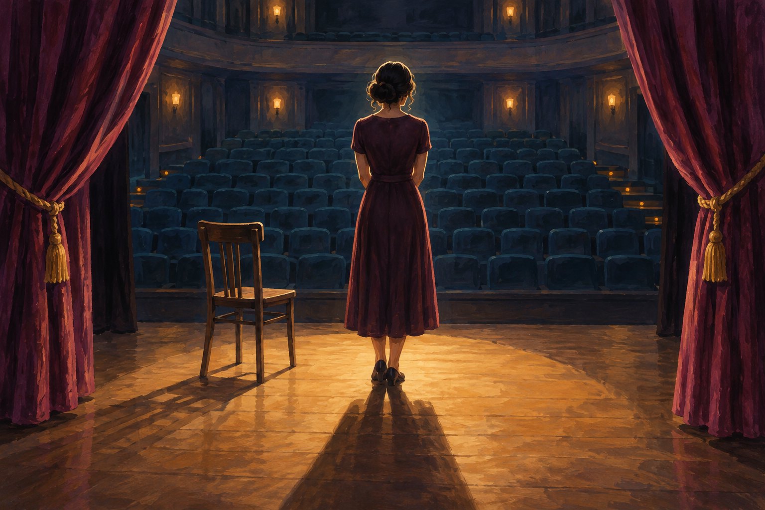 Conceptual illustration of a woman beside an empty chair on a small theater stage under an amber spotlight.