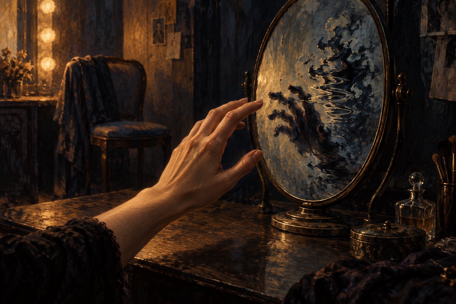 Symbolic illustration of a hand reaching toward an oval mirror with a distorted reflection in a dim dressing room.