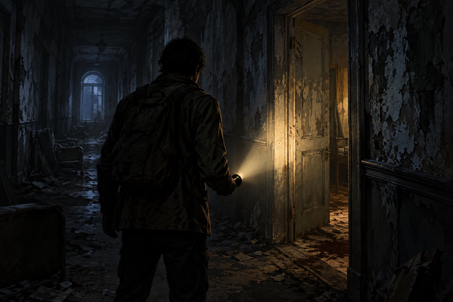 Concept illustration of a lone figure holding a flashlight at the entrance to a dark, deteriorating corridor.